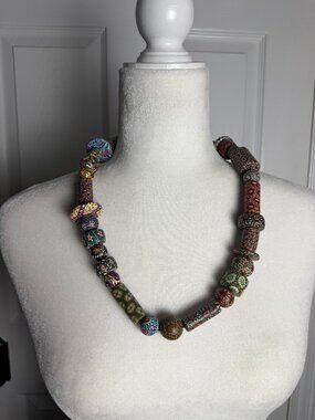Handmade Multi Colored Chunky Clay Bead Necklace Gorgeous Details